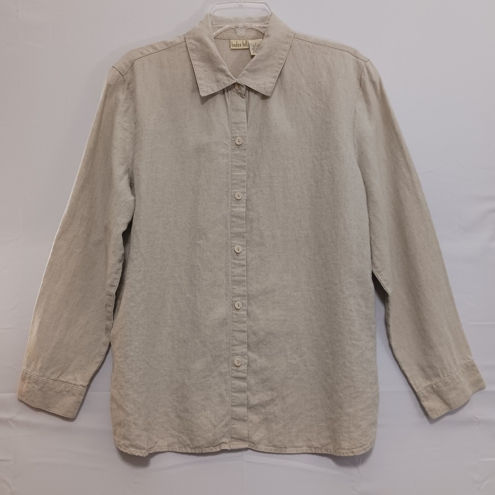 Linden Hill Women's 100% Linen button up long sleeve shirt Sz L  Beige color